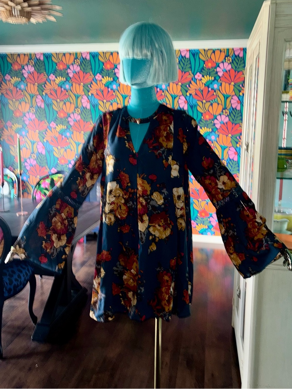 Retro Navy Floral Bell Sleeve Tunic Dress